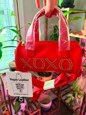 NWT XOXO Red Vegan Leather Barrel Satchel Crossbody Bag Studded Logo